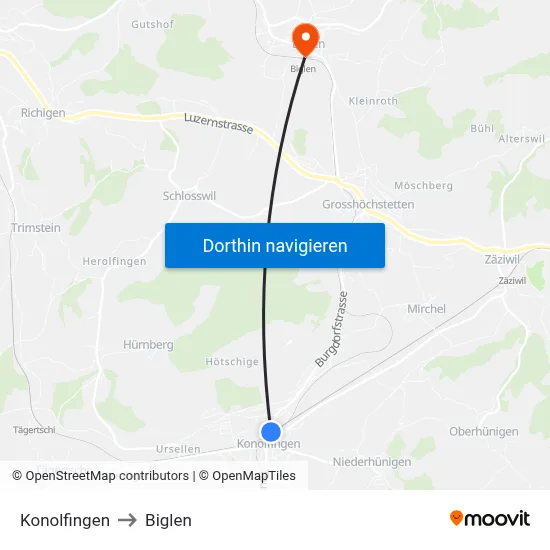 Konolfingen to Biglen map