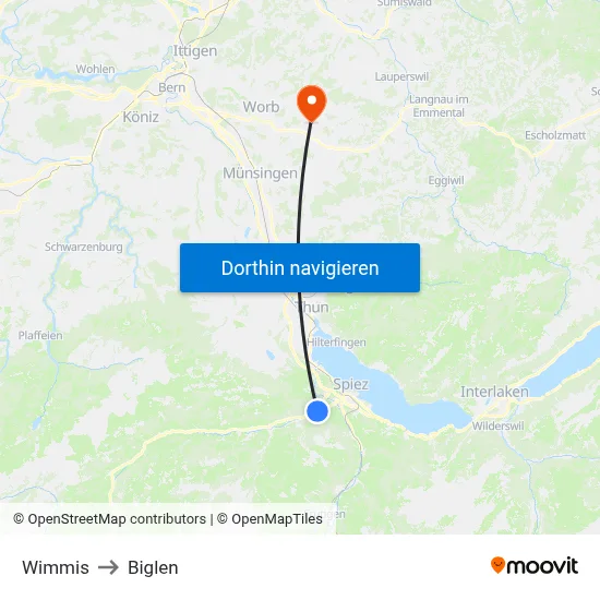 Wimmis to Biglen map