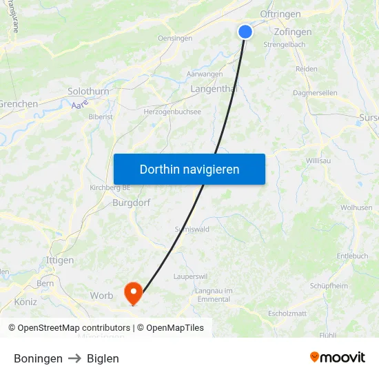 Boningen to Biglen map