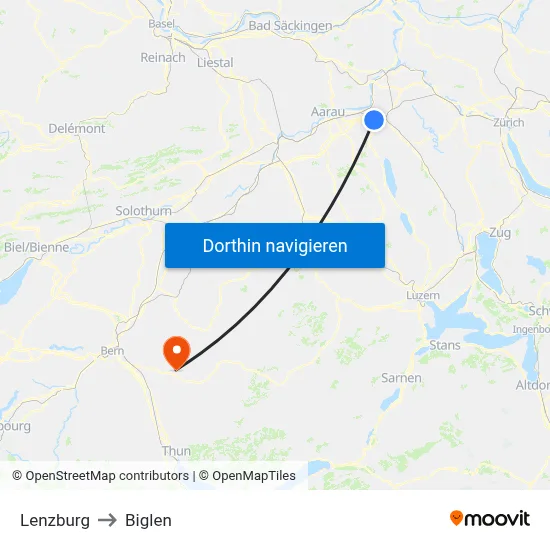 Lenzburg to Biglen map