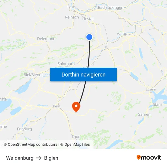 Waldenburg to Biglen map