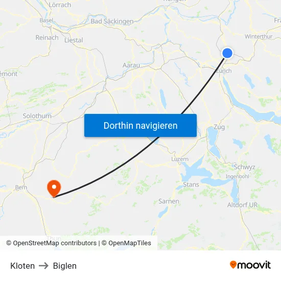 Kloten to Biglen map