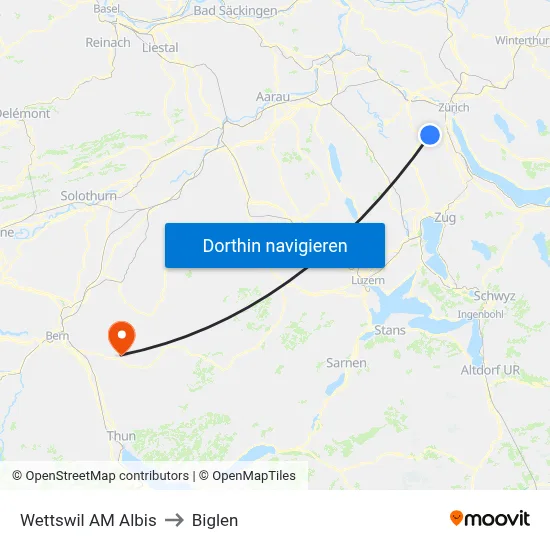 Wettswil AM Albis to Biglen map