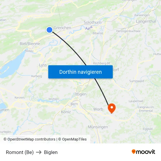 Romont (Be) to Biglen map