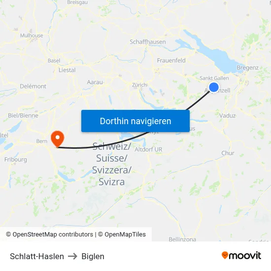 Schlatt-Haslen to Biglen map