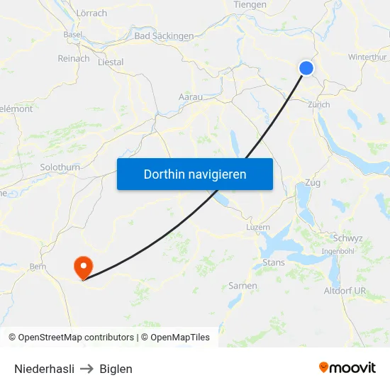 Niederhasli to Biglen map