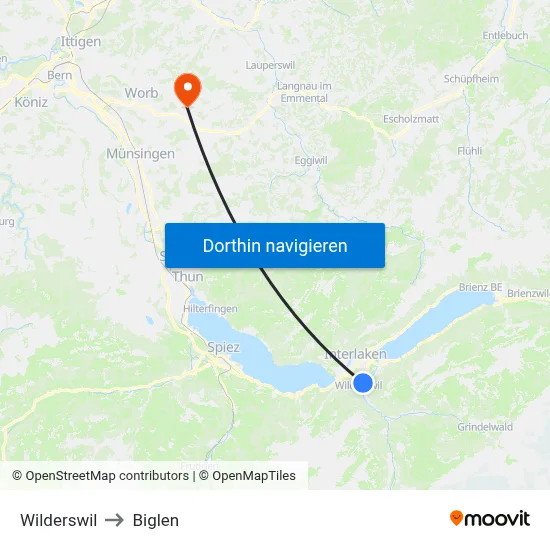 Wilderswil to Biglen map