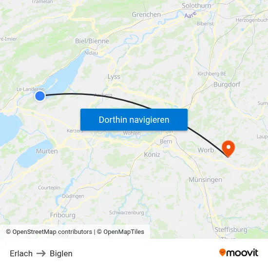 Erlach to Biglen map
