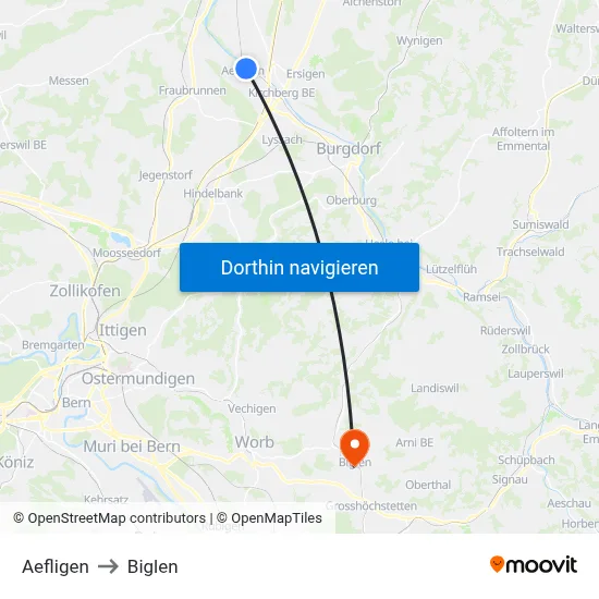 Aefligen to Biglen map