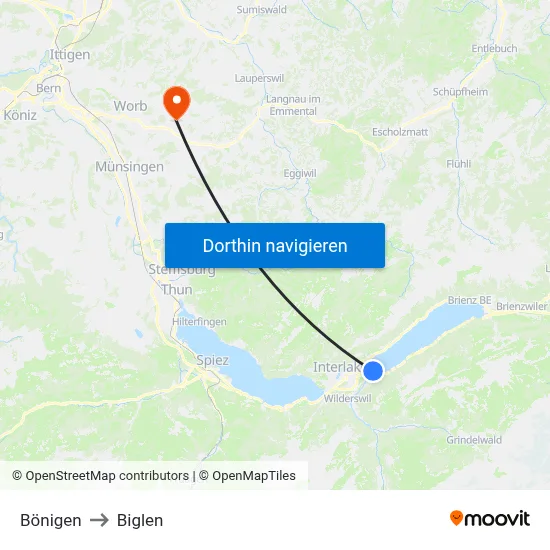 Bönigen to Biglen map