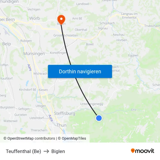 Teuffenthal (Be) to Biglen map