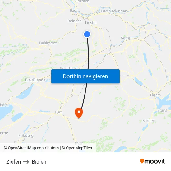 Ziefen to Biglen map