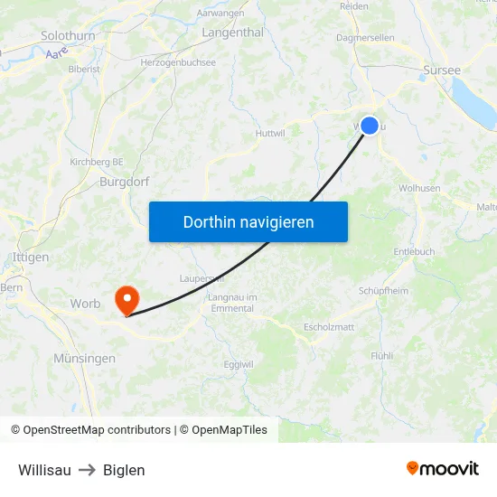 Willisau to Biglen map