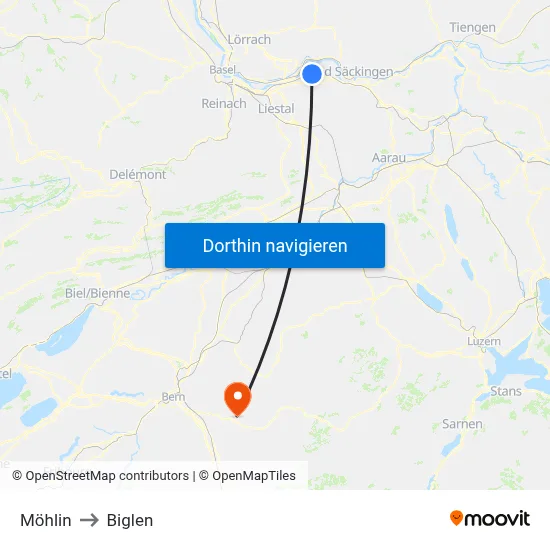 Möhlin to Biglen map