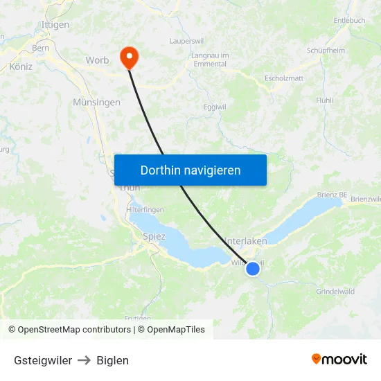 Gsteigwiler to Biglen map