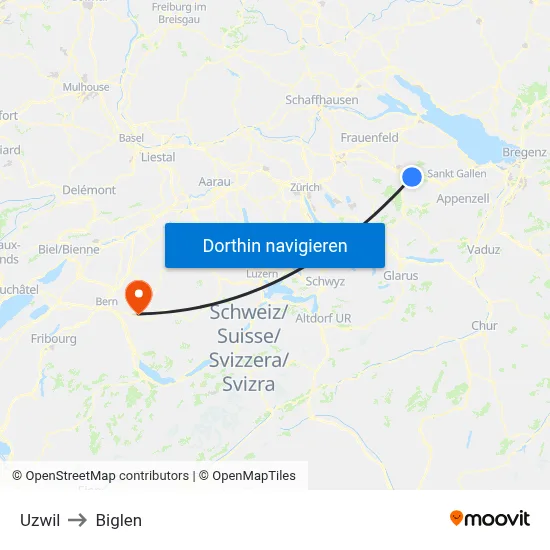 Uzwil to Biglen map