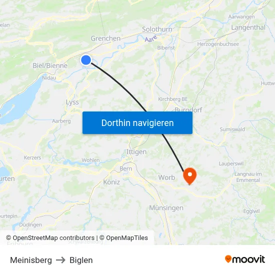 Meinisberg to Biglen map