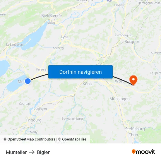Muntelier to Biglen map