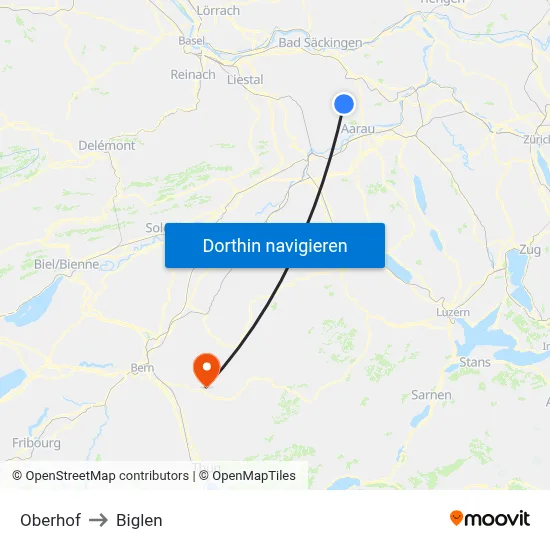 Oberhof to Biglen map