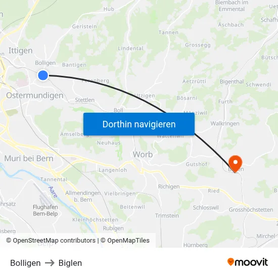 Bolligen to Biglen map