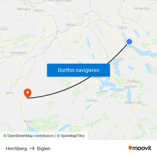 Herrliberg to Biglen map