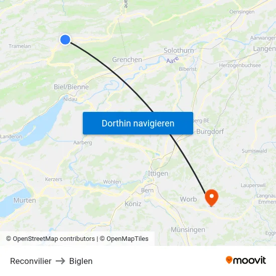 Reconvilier to Biglen map
