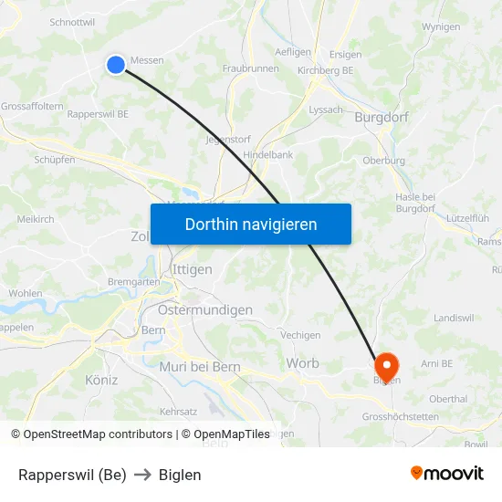 Rapperswil (Be) to Biglen map