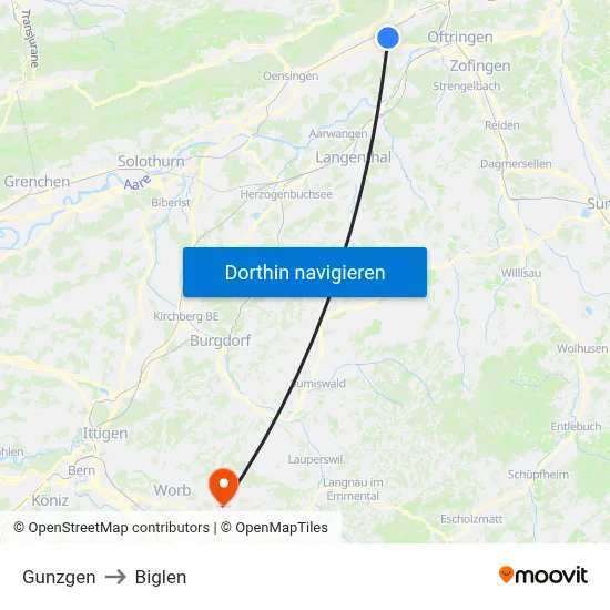 Gunzgen to Biglen map
