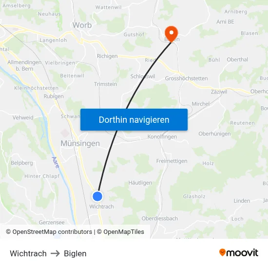 Wichtrach to Biglen map