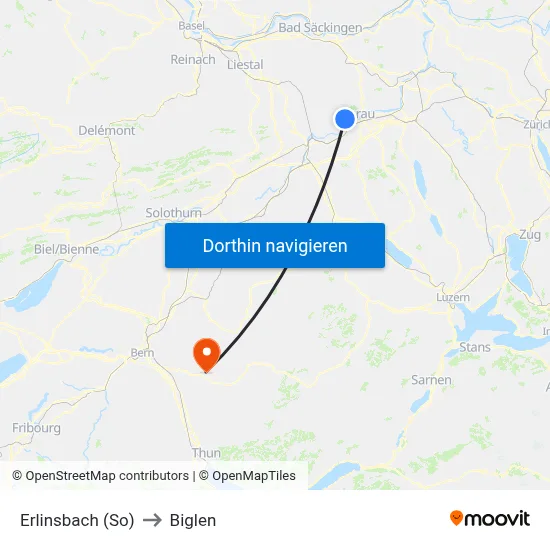 Erlinsbach (So) to Biglen map