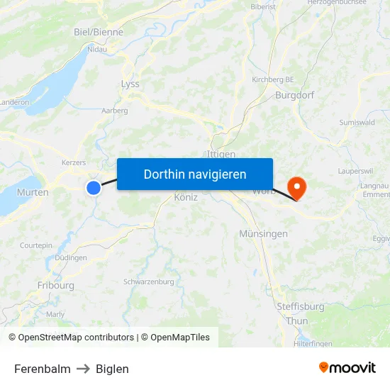 Ferenbalm to Biglen map