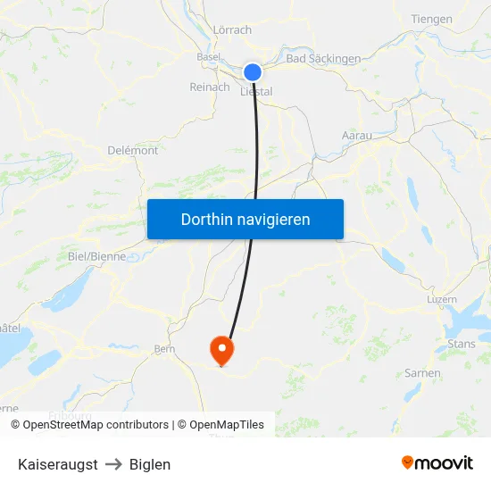 Kaiseraugst to Biglen map