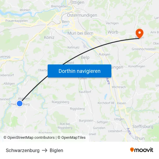 Schwarzenburg to Biglen map