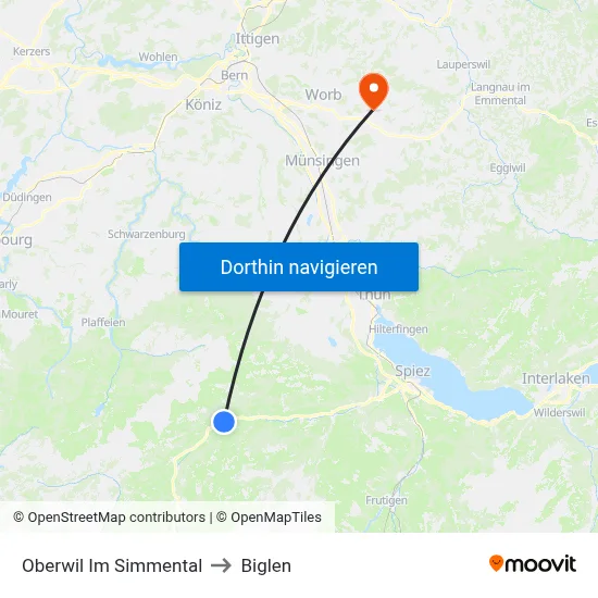 Oberwil Im Simmental to Biglen map