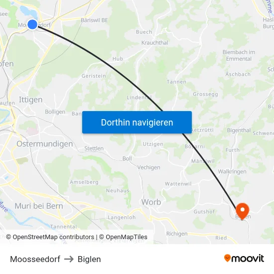 Moosseedorf to Biglen map