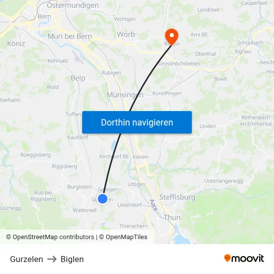 Gurzelen to Biglen map