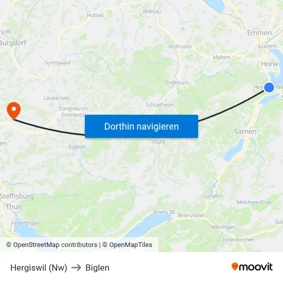 Hergiswil (Nw) to Biglen map