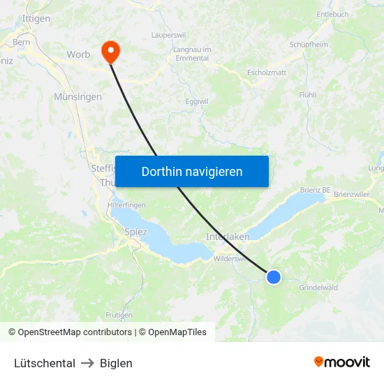Lütschental to Biglen map