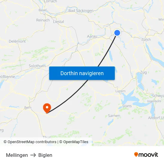Mellingen to Biglen map