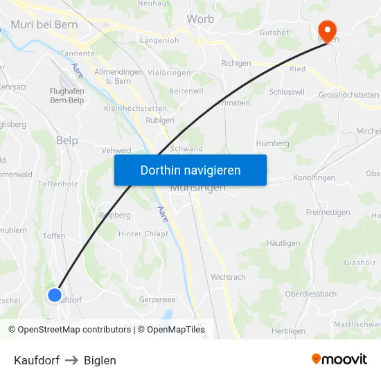 Kaufdorf to Biglen map