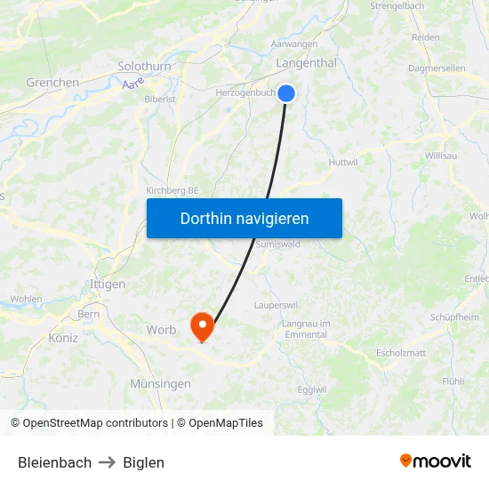 Bleienbach to Biglen map
