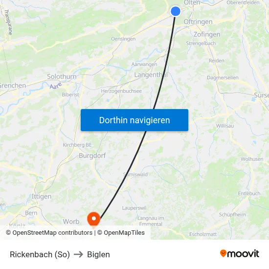 Rickenbach (So) to Biglen map