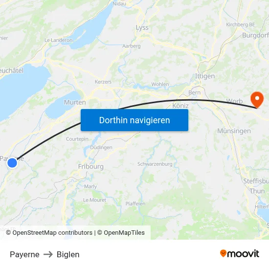 Payerne to Biglen map