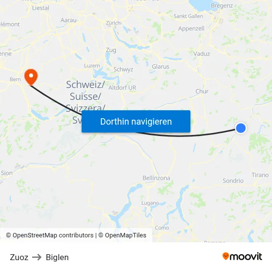 Zuoz to Biglen map