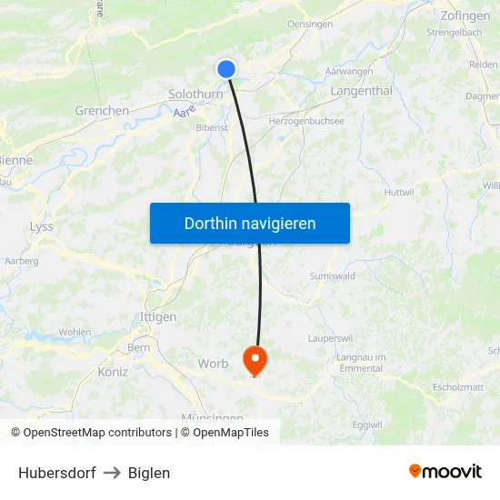 Hubersdorf to Biglen map