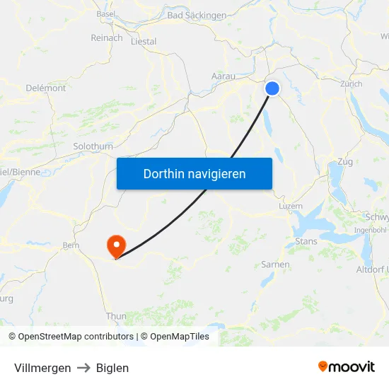 Villmergen to Biglen map