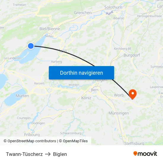 Twann-Tüscherz to Biglen map