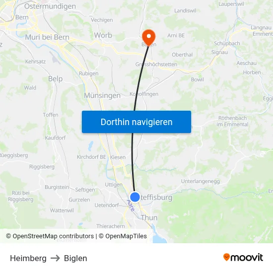 Heimberg to Biglen map