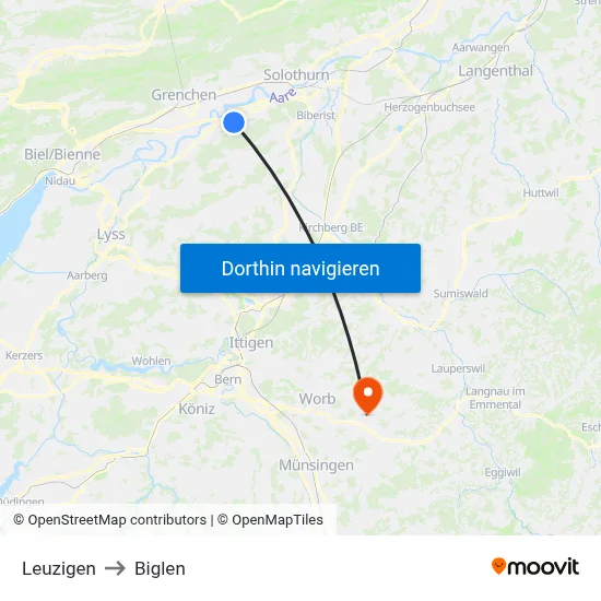 Leuzigen to Biglen map