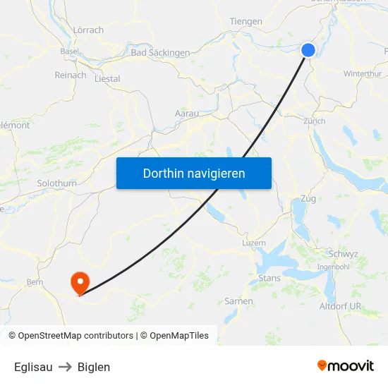 Eglisau to Biglen map